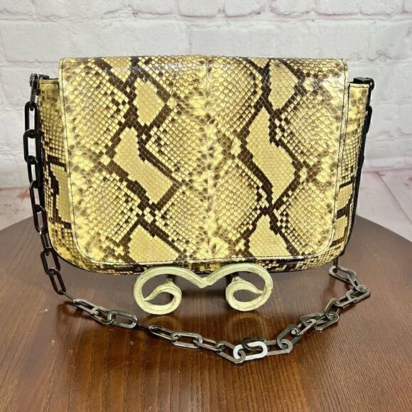 STUART WEITZMAN PYTHON SNAKESKIN & linen shoulder bag gunmetal chain strap - Picture 1 of 12